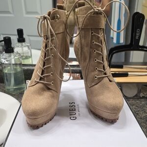 Guess Women's Lace-Up Suede Ankle Boots - Tan
